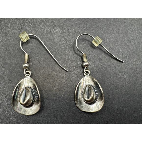 Vintage Sterling Silver 925 Cowboy Hat Dangle Drop Earrings Rodeo Western Style - Picture 1 of 7